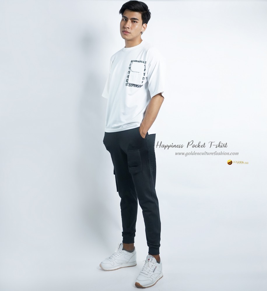 HAPPINESS IS EXPENSIVE Pockets Oversized T-Shirt (White)